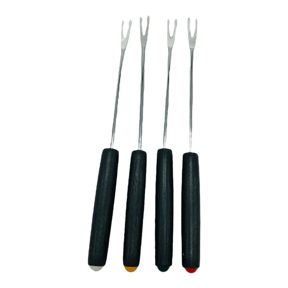 VTG 60s Fondue Forks Stainless Steel Black Woodgrain Handle Multicolor Set Of 4